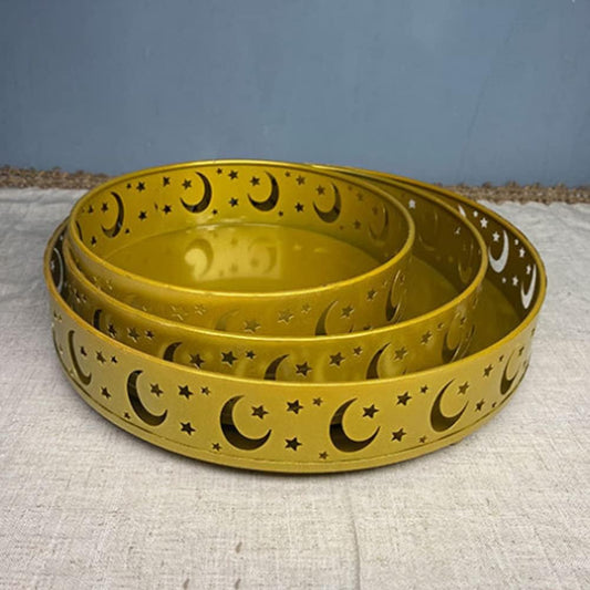 3PCS Ramadan Decoration Ramadan Trays, Ramadan Decor Metal Moon Ramadan Tray Set Eid Mubarak Plates Food Storage Containers Round Dinner Plate for Eid and Eid Al-adha Ramadan Activity Party Favor