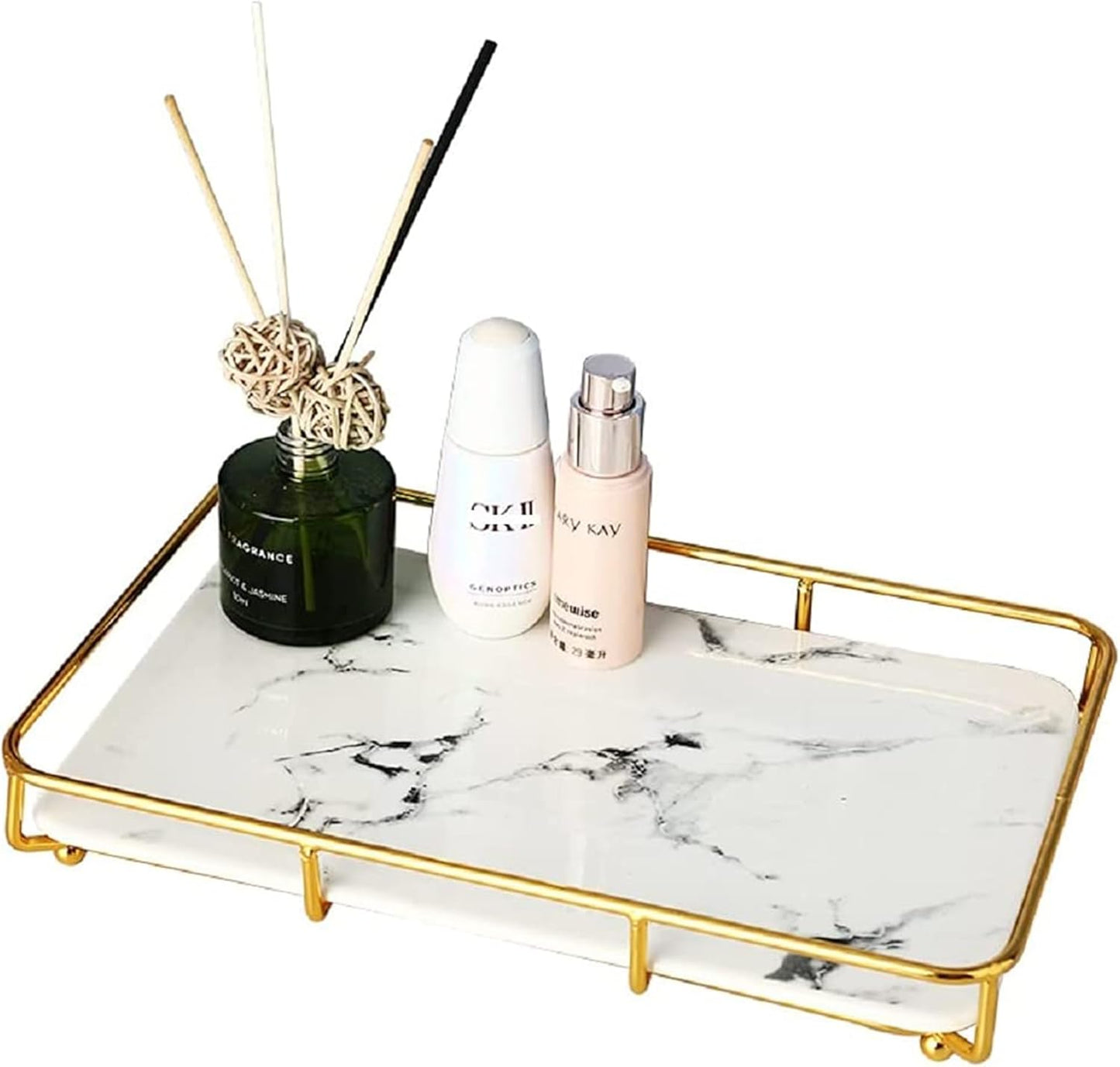 Vanity Tray Makeup Organizer Cosmetics Storage Bathroom Skincare Organizer Countertop Display Rack in Dresser Stainless Steel Shelf Marble Print Ceramic Trays