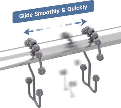 Titanker Shower Curtain Hooks Rings, Rust-Resistant Metal Double Glide Shower Hooks for Bathroom Shower Rods Curtains, Set of 12 Hooks - Neutral Gray