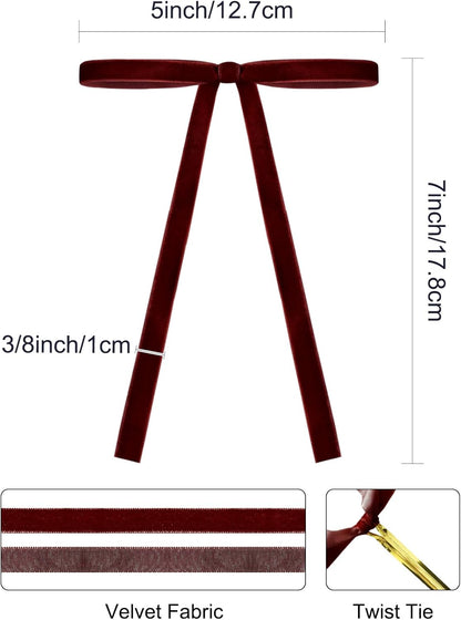 SIMISI RIBBON 24Pcs Burgundy Christmas Velvet Ribbon Bows Decorations Xmas Ornaments Vintage Decor for Tree, Wreath, Garland (3/8'' Width, 5 * 7 inch)