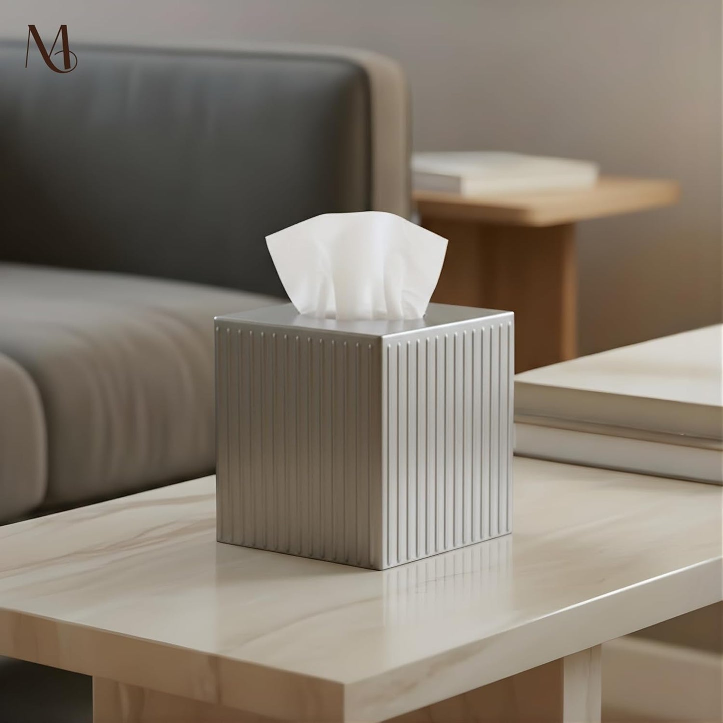 Monarch Abode Tissue Box Cover Square – Handcrafted Ridge Embossed Pewter Metal Tissue Holder Box for Bathroom Accessory, Aesthetic Decorative Facial Napkin Cube for Modern Home Decor