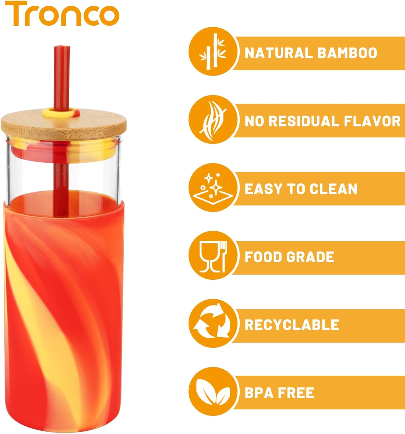 Tronco 20 oz Glass Tumbler with Lid and Straw, Iced Coffee Cup and Smoothie Cup with Bamboo Lids & Protective Silicone Sleeve, Dishwasher Safe, BPA-Free, Glass Cup 1 Pack