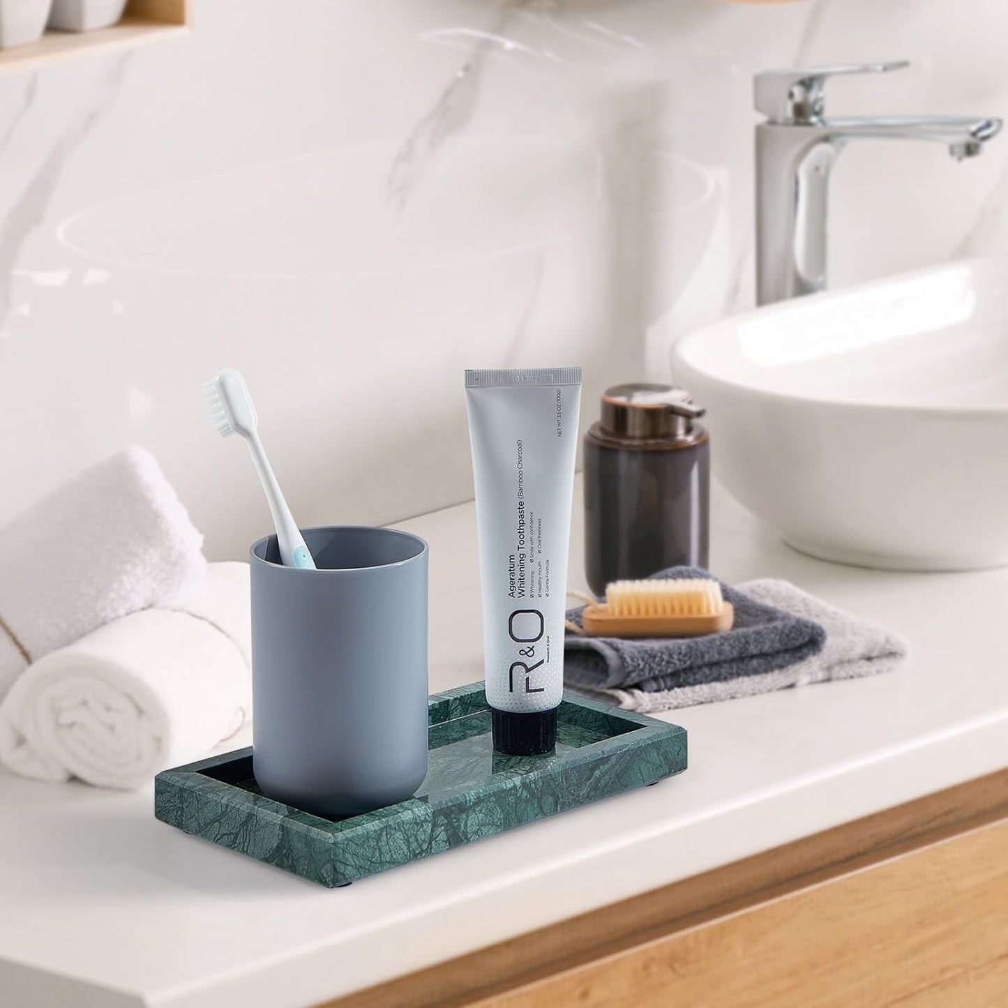 Natural Small Marble Vanity Tray, Luxury Stone Organizer for Bathroom & Kitchen | Holds Soap Dispenser, Jewelry, Perfume | Non-Resin, Non-Ceramic Décor