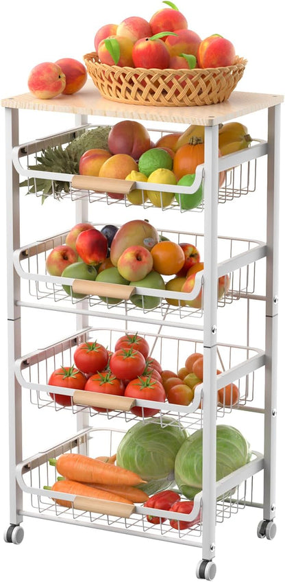 JAQ Fruit Basket for Kitchen, 5-Tier Slide Out Storage Baskets Carts Organizers Drawers with Wood Top Table with Rolling Wheels for Snacks Vegetables Vianderos Para Cocina Modernos (White, 5 Layer)