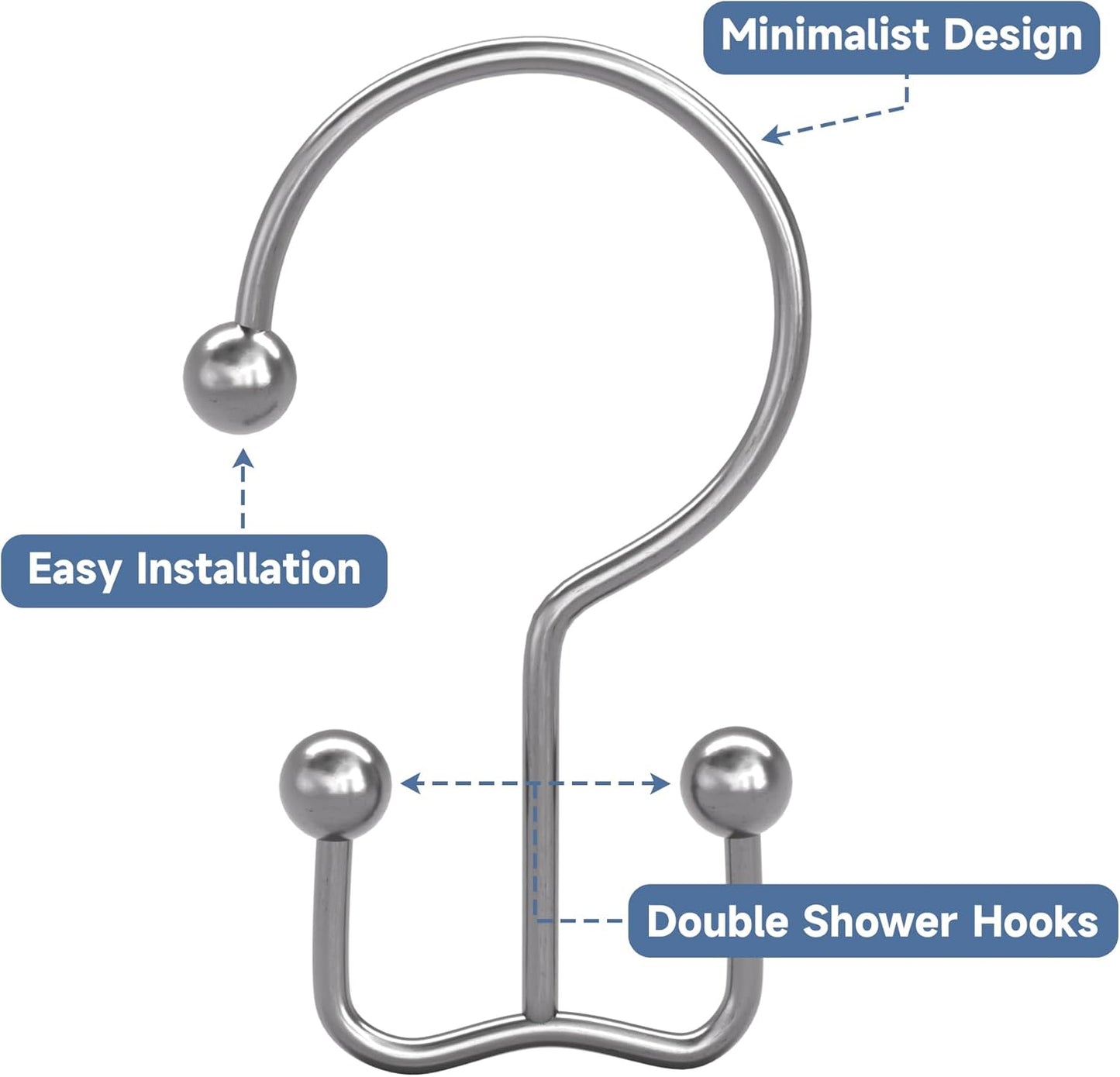 Titanker Shower Curtain Hooks Chrome, Minimalist Simple Double Glide Shower Curtain Rings, Rust Proof Metal Shower Hooks Rings for Bathroom Shower Rods Curtains, Set of 12 Hooks