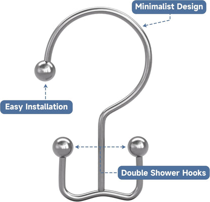 Titanker Shower Curtain Hooks Chrome, Minimalist Simple Double Glide Shower Curtain Rings, Rust Proof Metal Shower Hooks Rings for Bathroom Shower Rods Curtains, Set of 12 Hooks