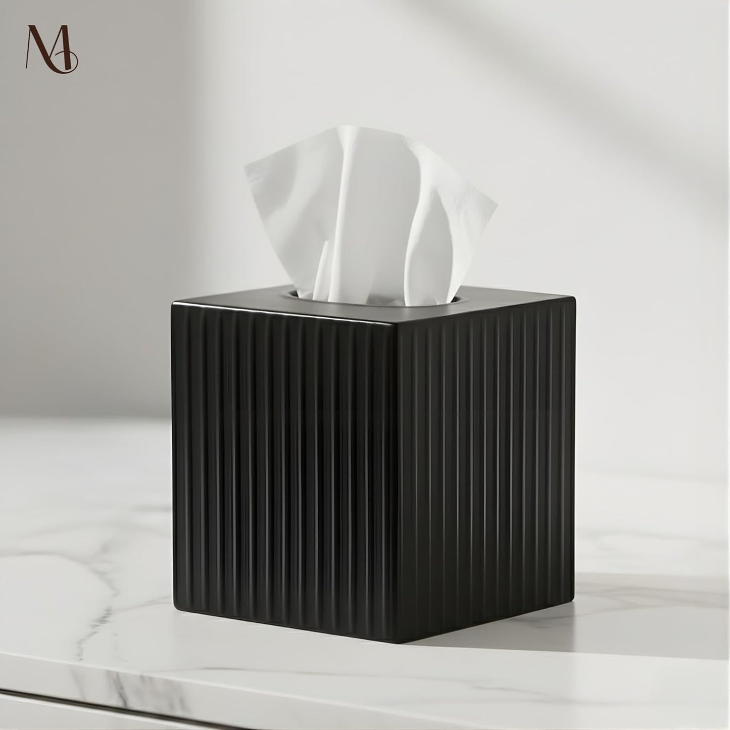 Monarch Abode Tissue Box Cover Square – Handcrafted Ridge Embossed Black Metal Tissue Holder Box for Bathroom Accessory, Aesthetic Decorative Facial Napkin Cube for Modern Home Decor