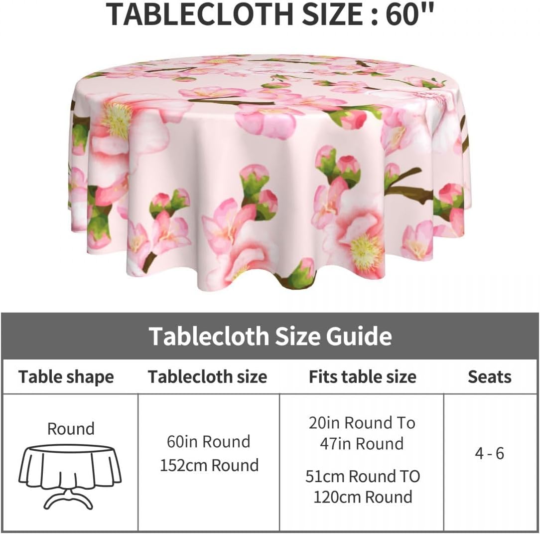 Japanese Tablecloth, Navy Blue Koi Traditional Cherry Blossom Vintage Floral Oriental Water Resisitant Wipeable Table Cover for Dining Kitchen Living Room Home Party Holiday Decor 60 inch Round