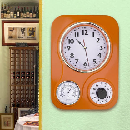 Lily's Home - 9.5 Inch x 12.5 Inch - Retro Kitchen Wall Clock, Vintage Wall Clock with a Thermometer and 60-Minute Timer, Ideal for Any Kitchen, Office, or Diner (Orange)