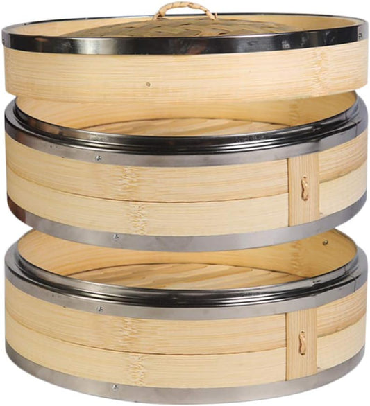 2-Tier Kitchen Bamboo Steamer with Stainless Steel Rings for Asian Cooking | Sauce Dish & 2-Chopsticks | Buns Dumplings Vegetables Fish Rice