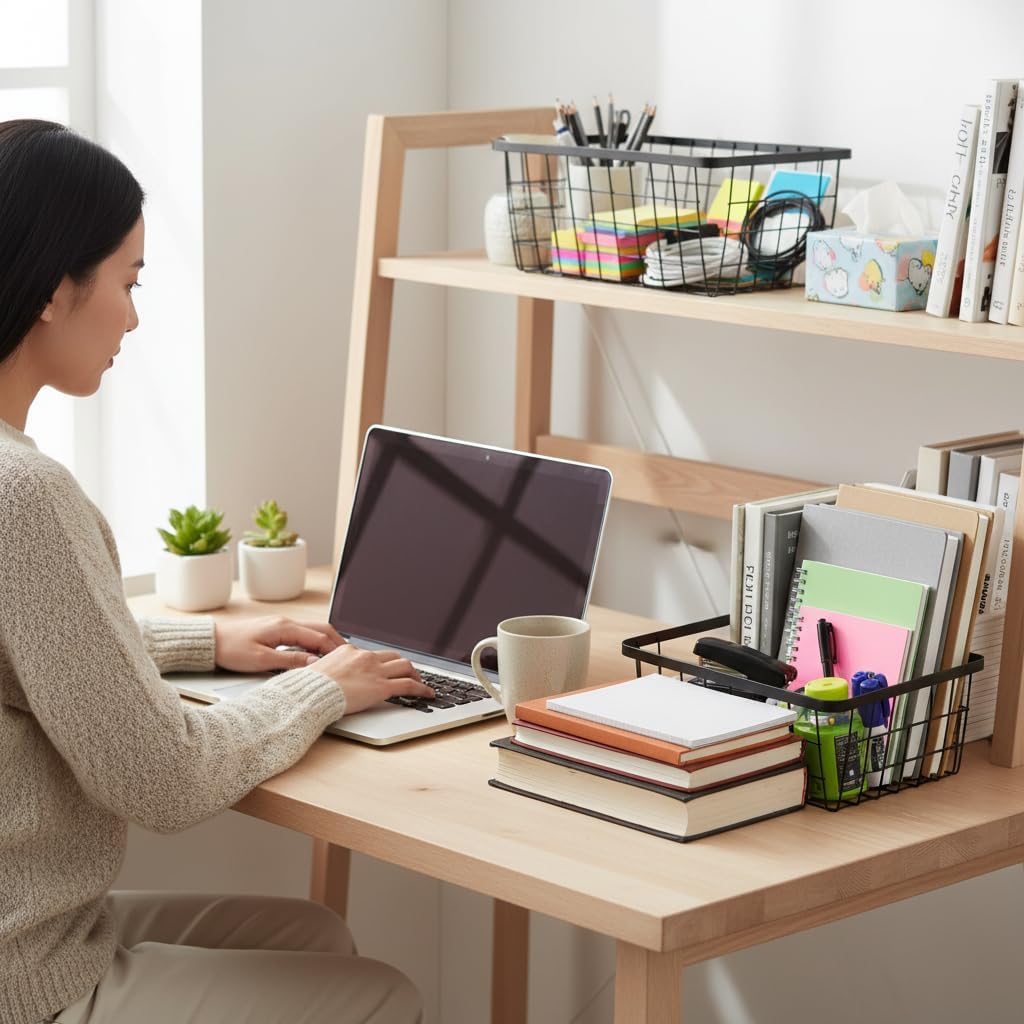 Kitchen Metal Wire Baskets with Handles Food Storage Organizer, Household Refrigerator for Cabinets,Pantry,Bathroom,Black,4 Pack
