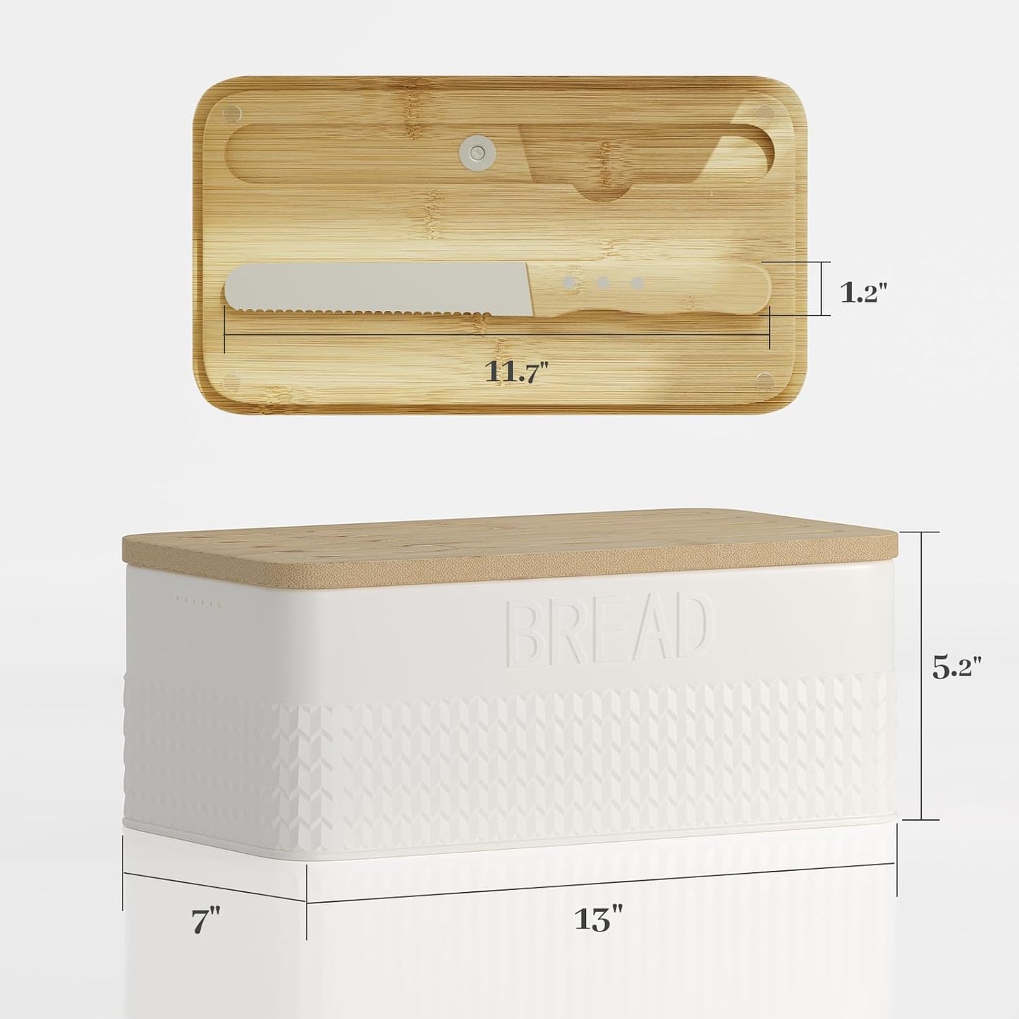 Bread Box for Kitchen Countertop - Metal Bread Storage with Bamboo Cutting Board Lid & Bread Knife, Corner Bread Container for Homemade Bread and Toast, White