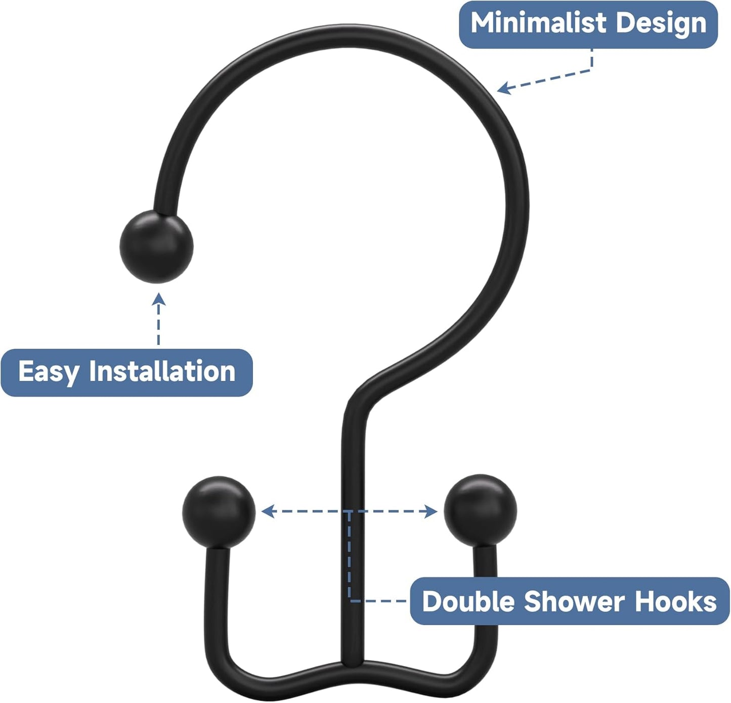 Titanker Shower Curtain Hooks Black, Minimalist Simple Double Glide Shower Curtain Rings, Rust Proof Metal Shower Hooks Rings for Bathroom Shower Rods Curtains, Set of 12 Hooks