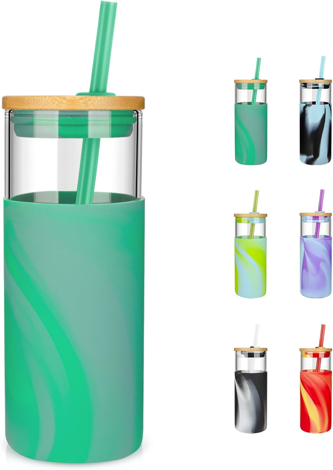 Tronco 20 oz Glass Tumbler with Lid and Straw, Iced Coffee Cup and Smoothie Cup with Bamboo Lids & Protective Silicone Sleeve, Dishwasher Safe, BPA-Free, Glass Cup 1 Pack