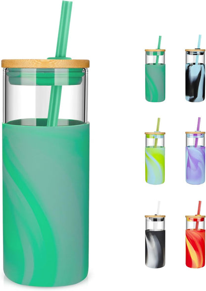 Tronco 20 oz Glass Tumbler with Lid and Straw, Iced Coffee Cup and Smoothie Cup with Bamboo Lids & Protective Silicone Sleeve, Dishwasher Safe, BPA-Free, Glass Cup 1 Pack