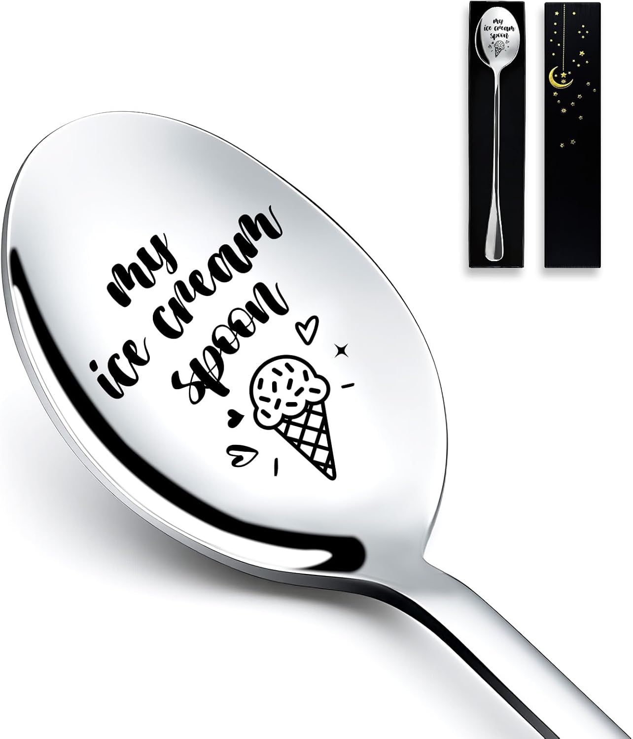Ice Cream Spoon - Funny Engraved Stainless Steel Spoon for Ice Cream Lovers, Women, Men, Kids Birthdays