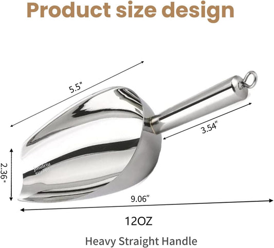 Ice Scoop for Ice Maker, 12 Oz Heavy Duty Ice Shovel, 304 Stainless Steel Commercial Multi-Purpose Spoon for Bar, Kitchen, Party & Pet Food, Easy to Clean, Silver