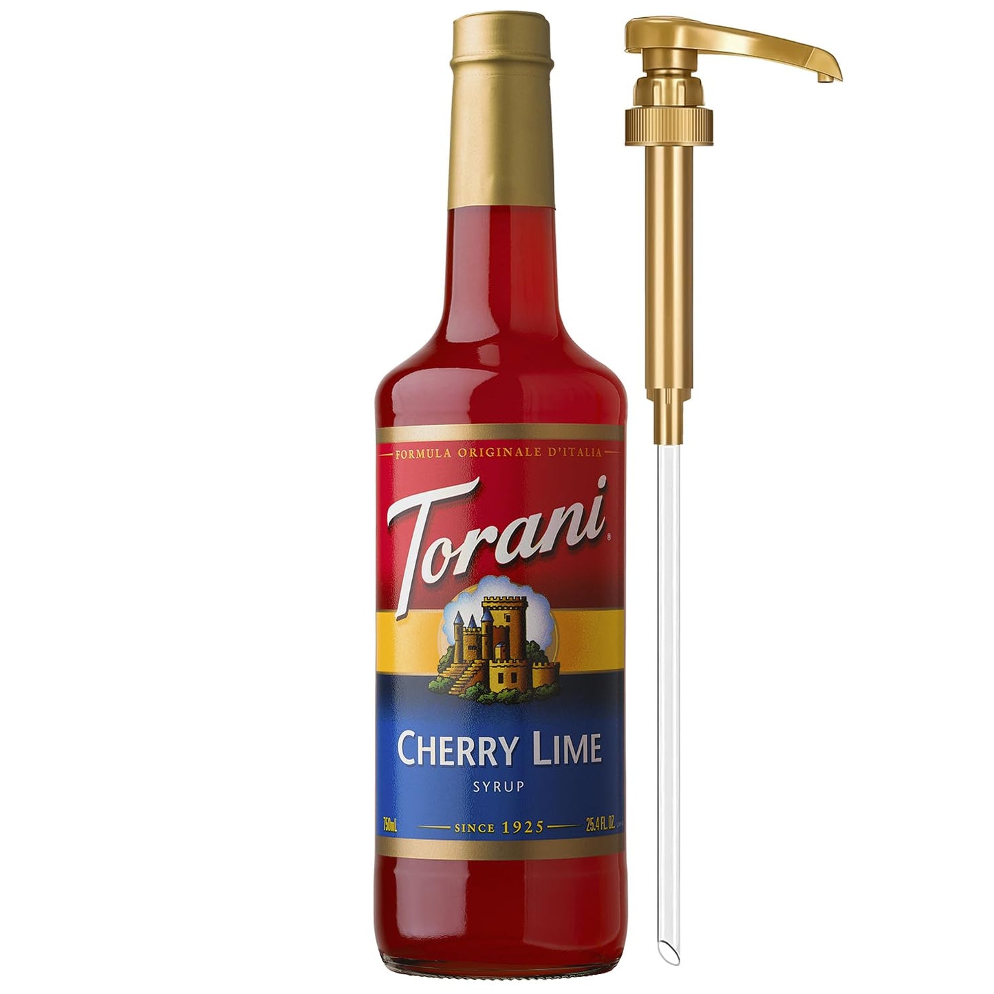 Torani Cherry Lime Syrup for Drinks, Flavoring for Iced Tea, Lemonade, Sodas, and Cocktails, Glass Bottle with Pump Included, 25.4 Fl Oz