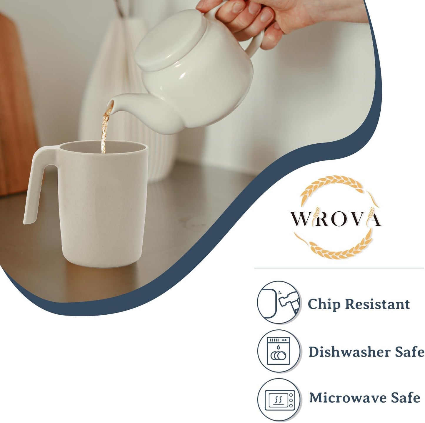 Wrova 16oz Wheat Straw Cups with handles set of 6-Plastic Cups Reusable-Unbreakable Kids Mugs-Dishwasher Safe & Microwave Safe-Ideal Plastic Mugs for Tea,Coffee,Camping,RV-Beige