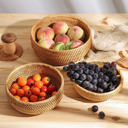 Rattan Bread Basket, Hand Woven Fruit Basket, Wicker Serving Basket Bowl, Decorative Baskets for Kitchen Counter Organizing, Set of 3 (Round)