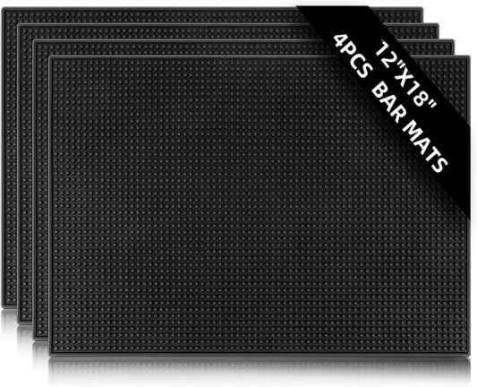 WANGCHAO 4Pack Black Bar Mats 18" x 12" Rubber Dish Drying Mat for Countertop Non Slip Cocktail Service Spill Mats for Bartending Coffee Bar or Home Kitchen (4pcs18x12)