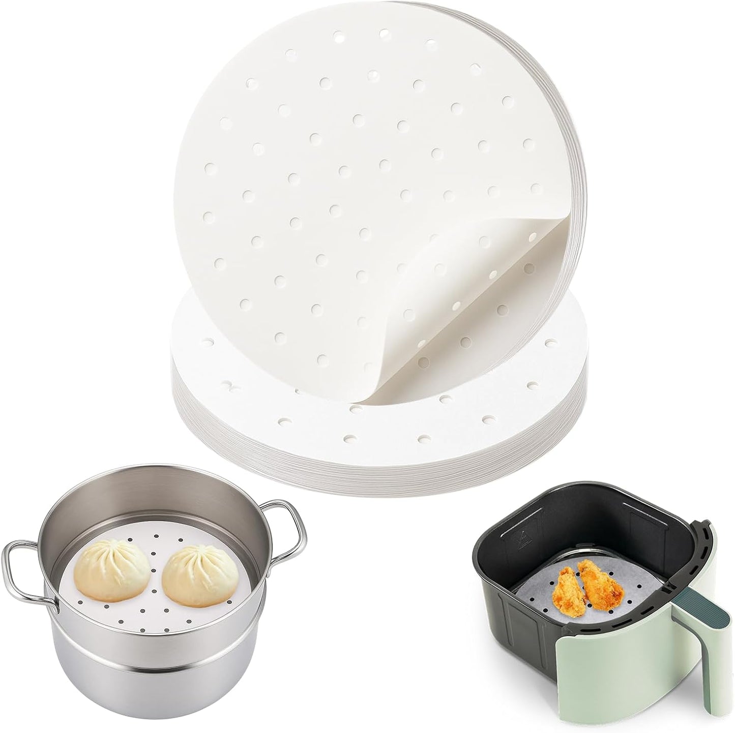 100 PCS Non-Stick Bamboo Steamer Paper, 10" Round Liners with Holes for Steamer Basket, Air Fryer, Bamboo Steamers, and Oven Use