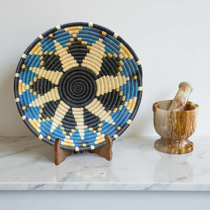 Handwoven African Basket Handmade sisal Fruit Bowl Wall Hanging decorative Baskets for Home Living Room Kitchen Centerpiece Zen Designs Arts and Crafts (Blue Black, 8in diameter)