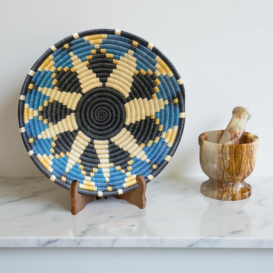 Handwoven African Basket Handmade sisal Fruit Bowl Wall Hanging decorative Baskets for Home Living Room Kitchen Centerpiece Zen Designs Arts and Crafts (Blue Black, 12in diameter)