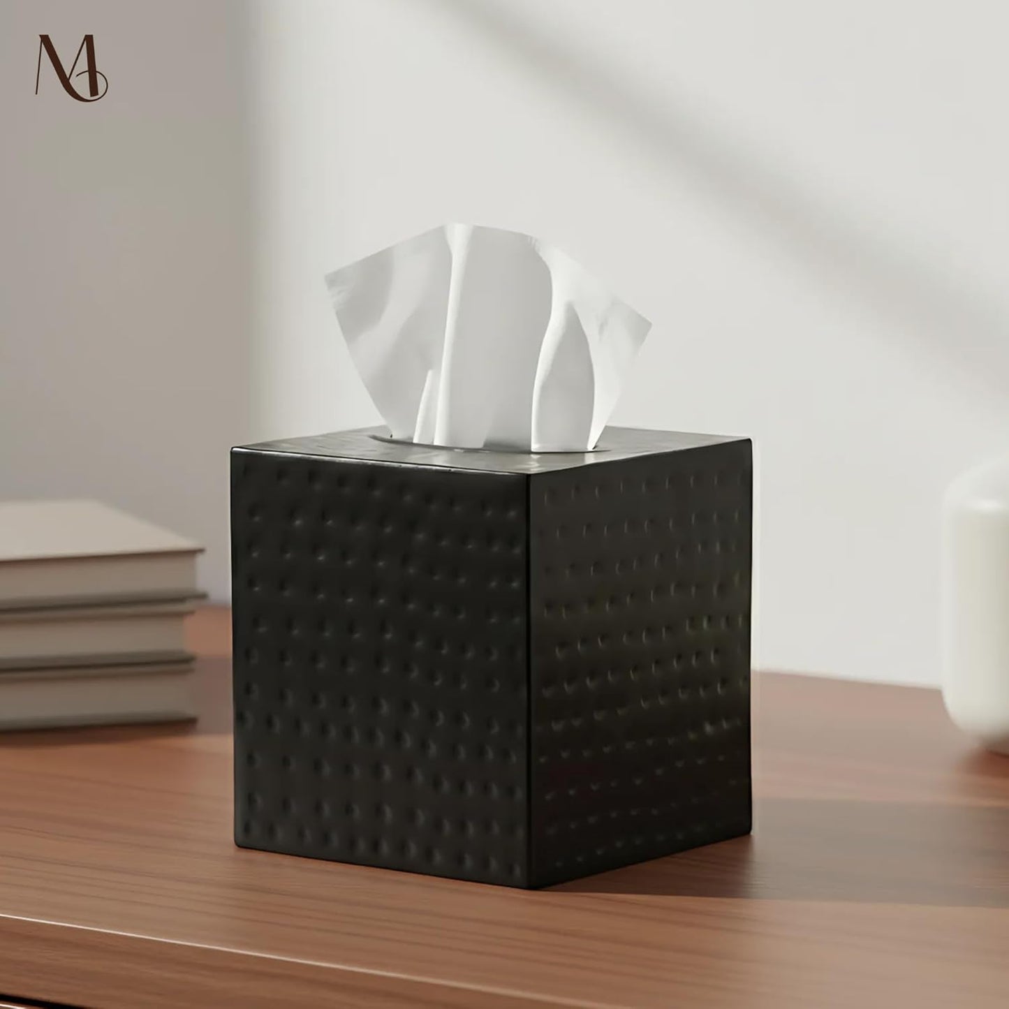 Monarch Abode Tissue Box Cover Square – Hand Hammered Black Metal Tissue Holder Box for Bathroom Accessory, Aesthetic Decorative Facial Napkin Cube for Modern Home Decor