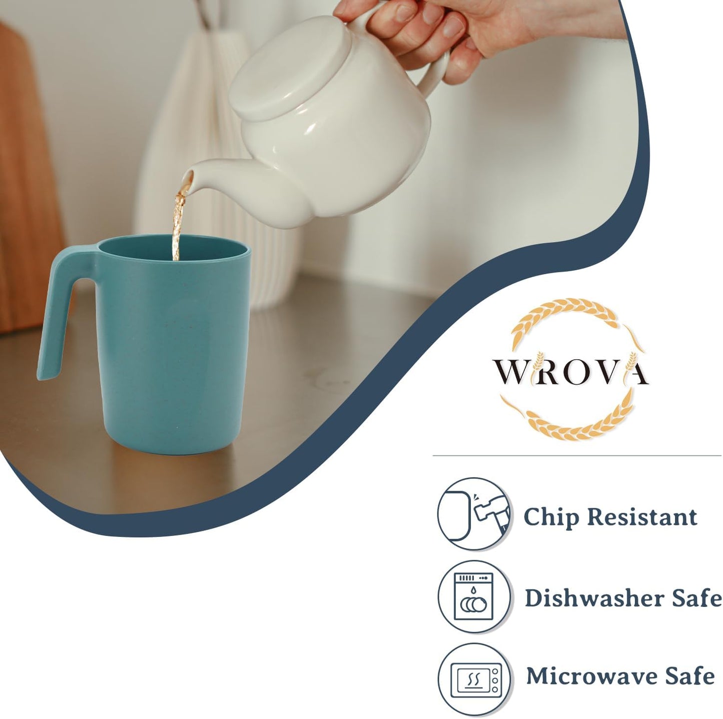 Wrova 16oz Wheat Straw Cups with handles set of 6-Plastic Cups Reusable-Unbreakable Kids Mugs-Dishwasher Safe & Microwave Safe-Ideal Plastic Mugs for Tea,Coffee,Camping,RV-Green