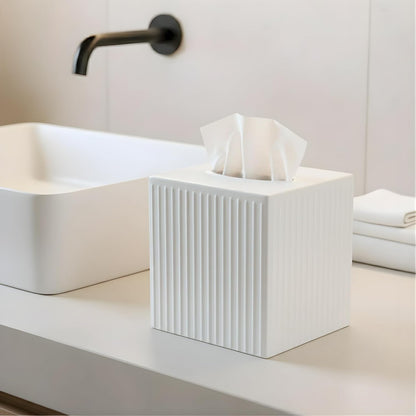 Monarch Abode Tissue Box Cover Square – Handcrafted Ridge Embossed White Metal Tissue Holder Box for Bathroom Accessory, Aesthetic Decorative Facial Napkin Cube for Modern Home Decor
