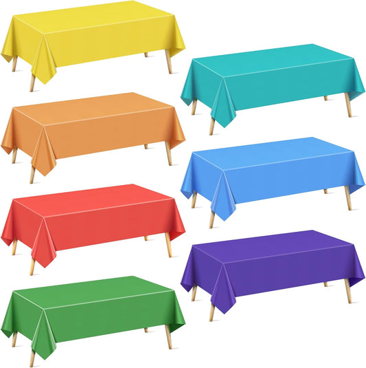 7 Pieces Rainbow Series Rectangle Tablecloth, 54x72" Solid Color Waterproof & Spillproof Disposable Plastic Table Cover, Durable Party Tablecloth for Dining, Buffet, Picnic, Outdoor Events