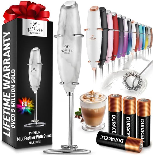 Zulay Kitchen Powerful Milk Frother Wand With 4 AA Duracell Batteries - Ultra Fast Handheld Drink Mixer - Electric Whisk Foam Maker for Coffee, Lattes, Cappuccino, Matcha & Creamer