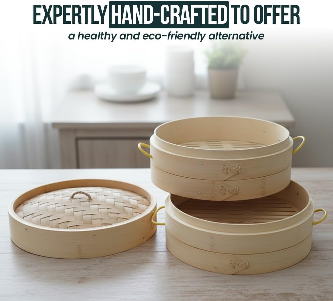 Bamboo Steamer 10-Inch 2-Tier Bamboo Steamer Basket Set with 4 Reusable Silicone Liners - Perfect for Healthy Cooking of Dumplings, Bao Buns, Vegetables, and Rice