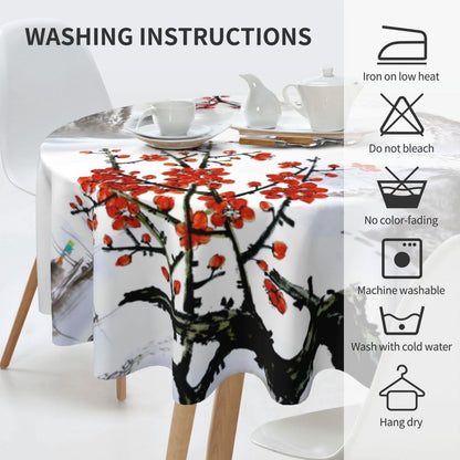 Chinese Landscape Tablecloth, Traditioanal Cherry Blossom Japanese Oriental Vintage Eastern Water Resisitant Wipeable Table Cover for Dining Kitchen Living Room Home Party Holiday Decor 60 inch Round