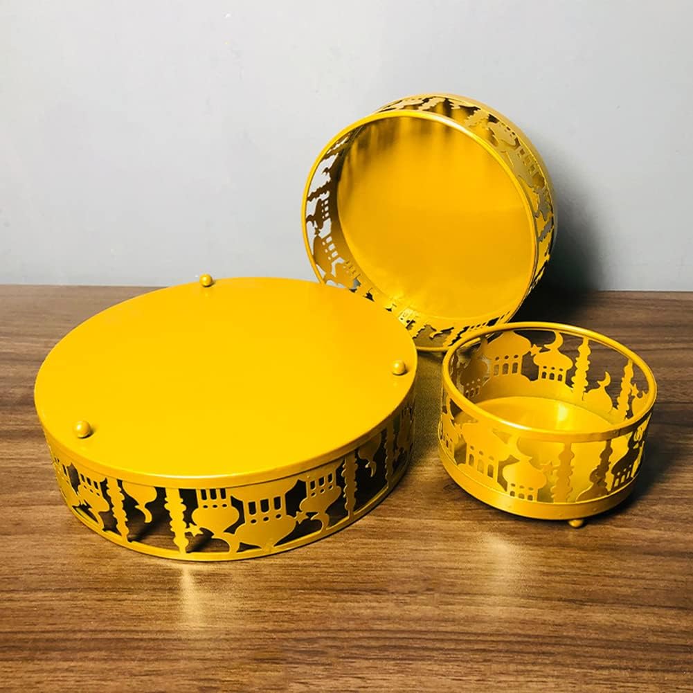 3PCS Ramadan Decoration Ramadan Trays, Ramadan Decor Metal Moon Ramadan Tray Set Eid Mubarak Plates Food Storage Containers Round Dinner Plate for Eid and Eid Al-adha Ramadan Activity Party Favor