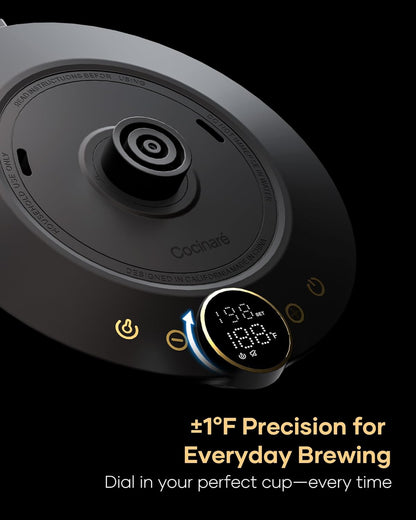 Cocinare FLOW B9 Gooseneck Electric Kettle, Precise Temperature Control for Pour-Over Coffee & Tea Brewing, Stainless Steel Interior, Rapid Heating for Boiling Water, 1500W/0.9L (Matte Black)