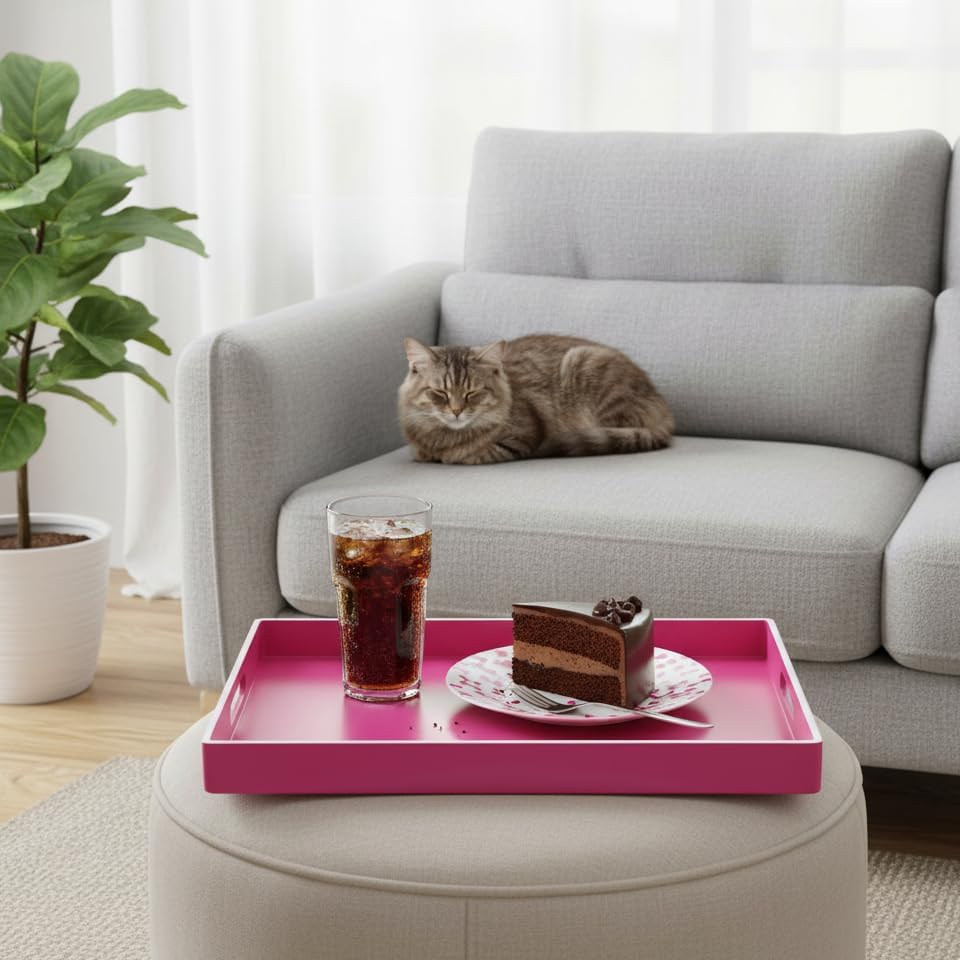 Zosenley Decorative Tray, Rectangular Plastic Tray with Handles, Modern Vanity Tray and Serving Tray for Bathroom, Kitchen, Ottoman and Coffee Table, 15.6” x 10.2” (White Border Rose red)