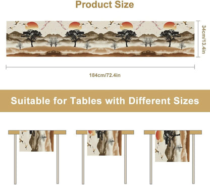 Asian Table Runner, Bamboo Ancient Chinese Paintings Table Cover Cloth for Kitchen Dining Bedroom Red Crowned Crane Landscape Ink Painting Sunset 13x90 Inch