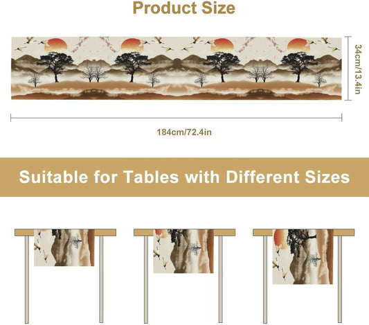 Asian Table Runner, Bamboo Ancient Chinese Paintings Table Cover Cloth for Kitchen Dining Bedroom Red Crowned Crane Landscape Ink Painting Sunset 13x90 Inch
