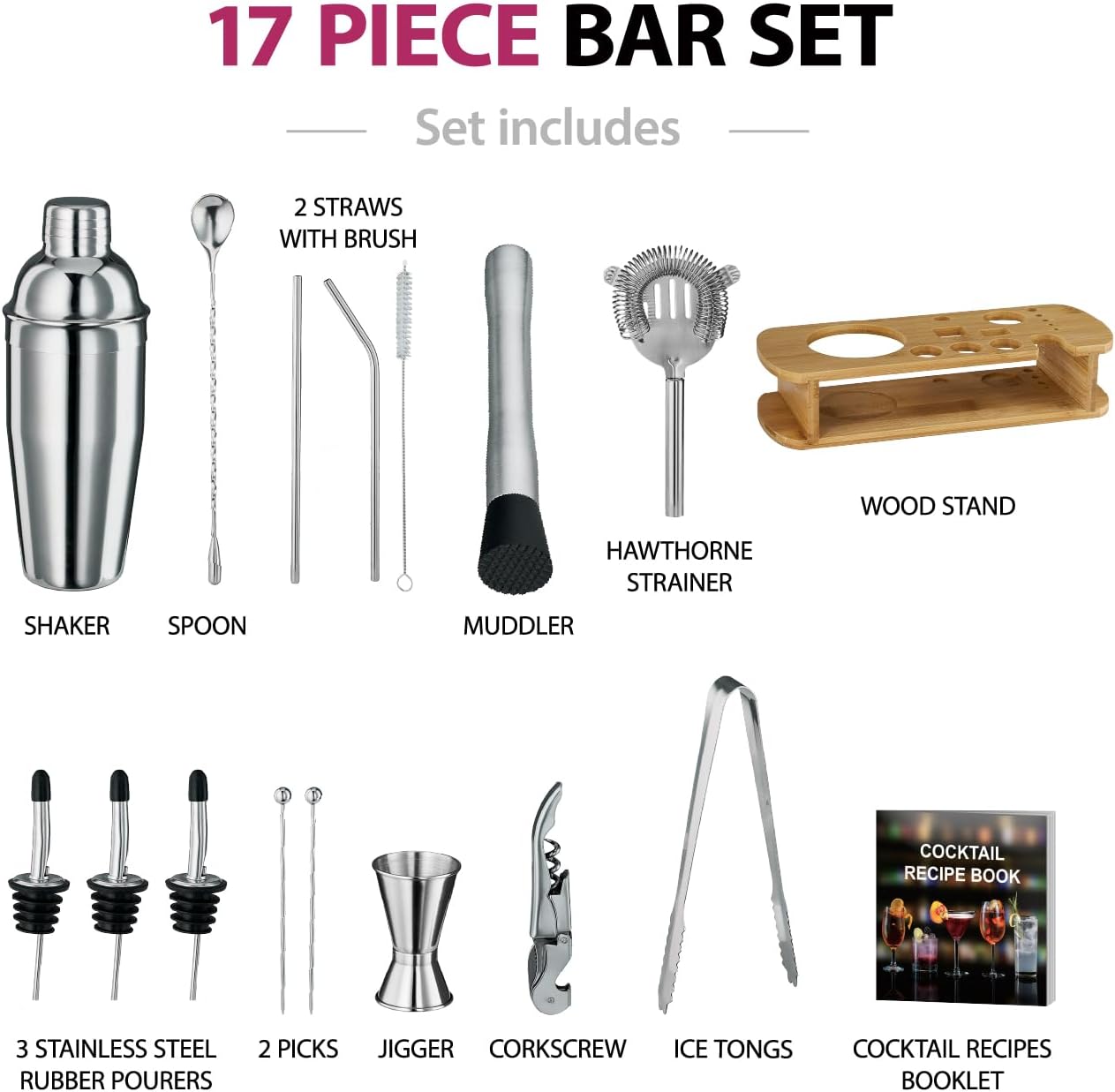 Cocktail Shaker Set - 17 Piece Stainless Steel Bartender Kit, Drink Martini Shaker, Home Bar Accessories, Cocktail Kit, Stainless Steel Bar Set, Shakers Bartending