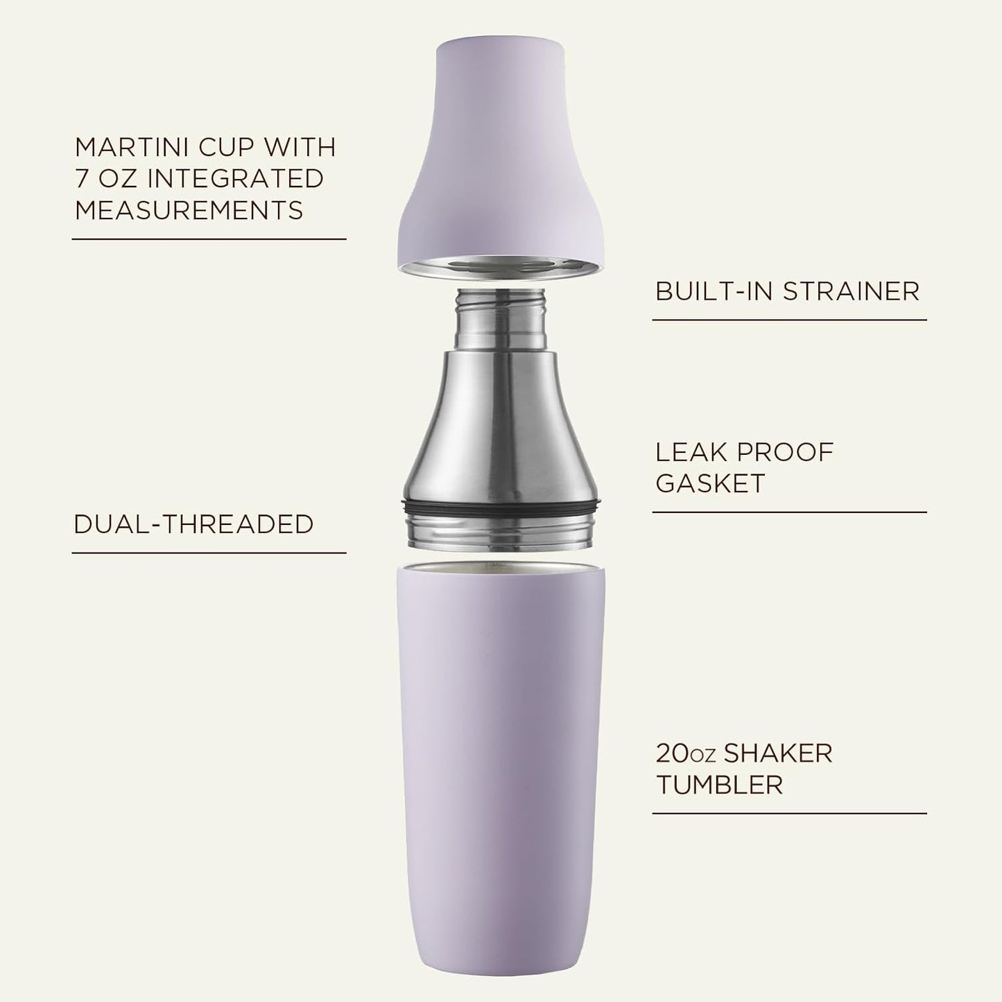 Kitessensu Hybrid Cocktail Shaker | Vacuum Insulated Stainless Steel Martini Shaker with Double Wall Martini Cup | Integrated Measuring System | Tumbler Lid & Cocktail Recipes Included | Orchid