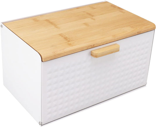 Asixxsix Bread Box with Wood Lid, Vintage Bread Storage Bread Bin Large Capacity Bread Box Modern Bread Keeper Holder Kitchen Counter Bread Storage Container for Homemade Bread, Bagel (White)