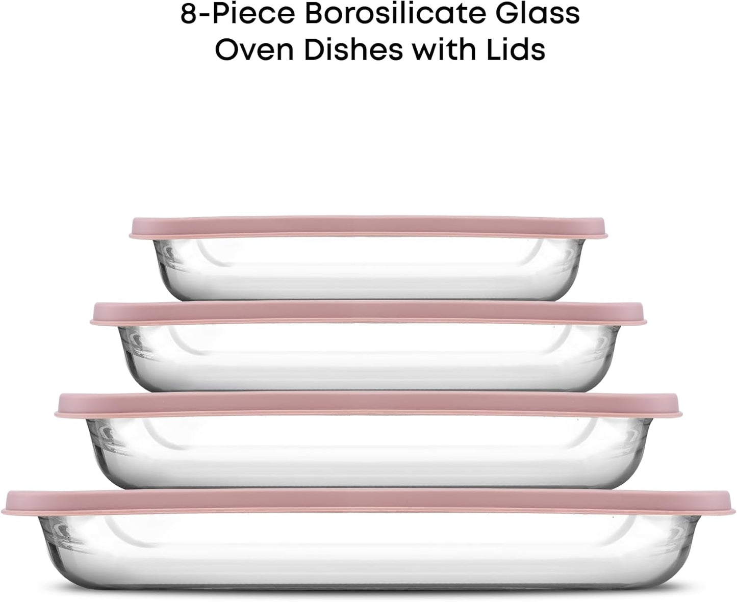 JoyJolt 8-Piece Borosilicate Glass Oven Dishes with Blushy Pink Lids, Rectangle Deep Glass Baking Dish Set, Baking Pans for Lasagna Casserole Cake, Bakeware Set, Freezer to Oven Tray to Dishwasher