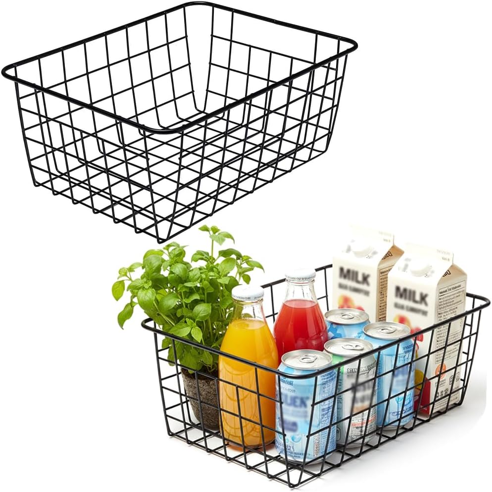 Kitchen Wire Baskets Farmhouse Decor Metal Food Storage Organizer, Household Refrigerator Bin with Built-in Handles for Cabinets,Pantry Set of 2 Black