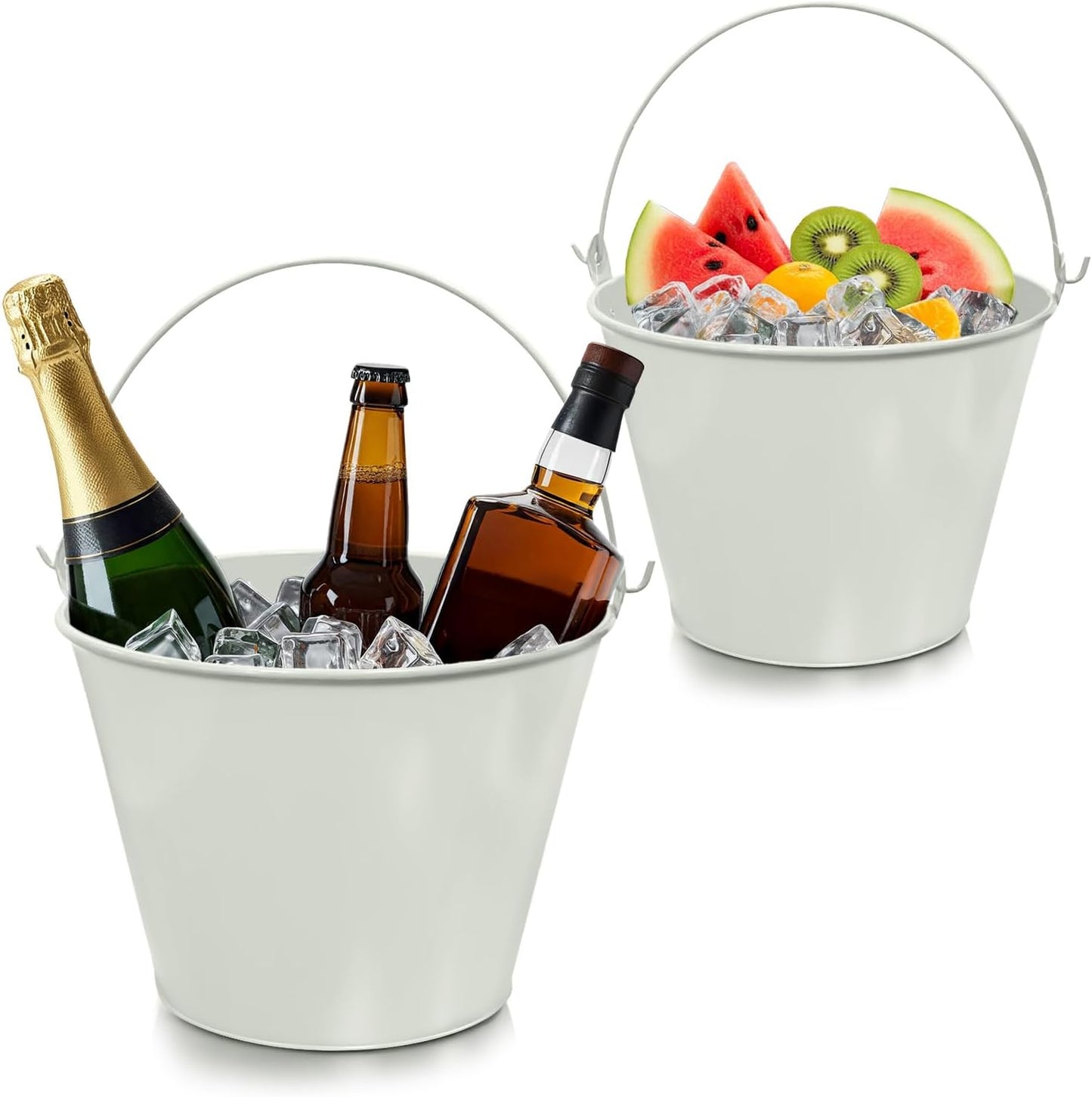 PLEXON Galvanized Metal Ice Bucket for Parties Coctail Bar Restaurant - Drink Beer Champagne Metal Pail Bucket with Handle, Beverage Chiller Cooler Small 1.3 Gallon, Off-White Set of 2