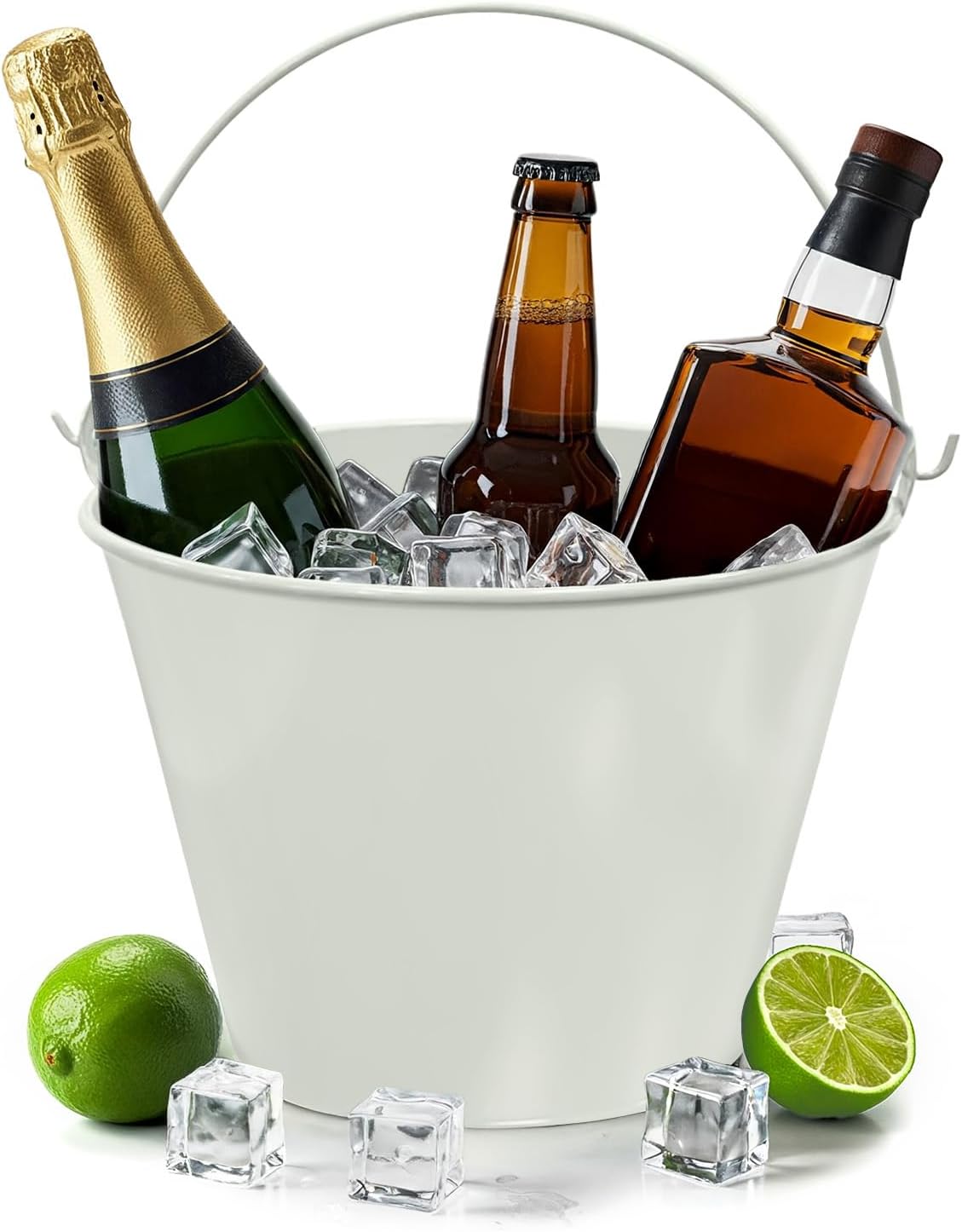 PLEXON Galvanized Metal Ice Bucket for Parties Coctail Bar Restaurant - Drink Beer Champagne Metal Pail Bucket with Handle, Beverage Chiller Cooler Small 1.3 Gallon, Off-White
