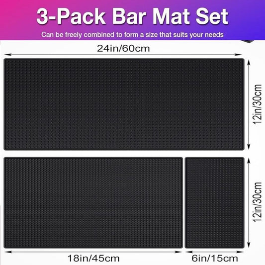 WANGCHAO Bar Mat Set - 8mm Thick Anti-Skid Non-Toxic Rubber Bar Mat for Home Bar, Countertop, Restaurants, Coffee Bar Mat - Premium Rubber Bar Service Spill Mat (3 pack) (24*12"+18*12"+12*6")