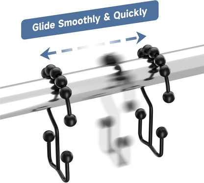 Titanker Black Shower Curtain Hooks Rings, Rust-Resistant Metal Double Glide Shower Hooks for Bathroom Shower Rods Curtains, Set of 12 Hooks - Matte Black