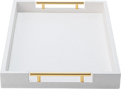 White Leather Decotative Coffee Table Tray,Modern Large Ottoman Tray Rectangle Serving Tray with Handles for Living Room Party